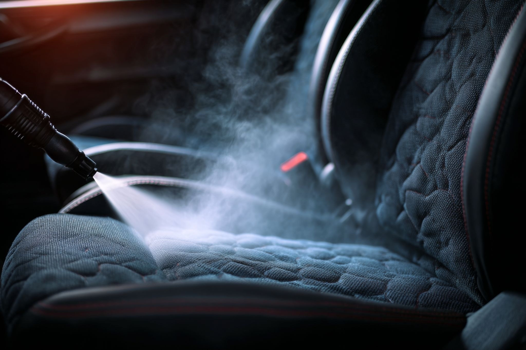 A car seat undergoes steam cleaning, demonstrating effective interior cleaning and cleanliness