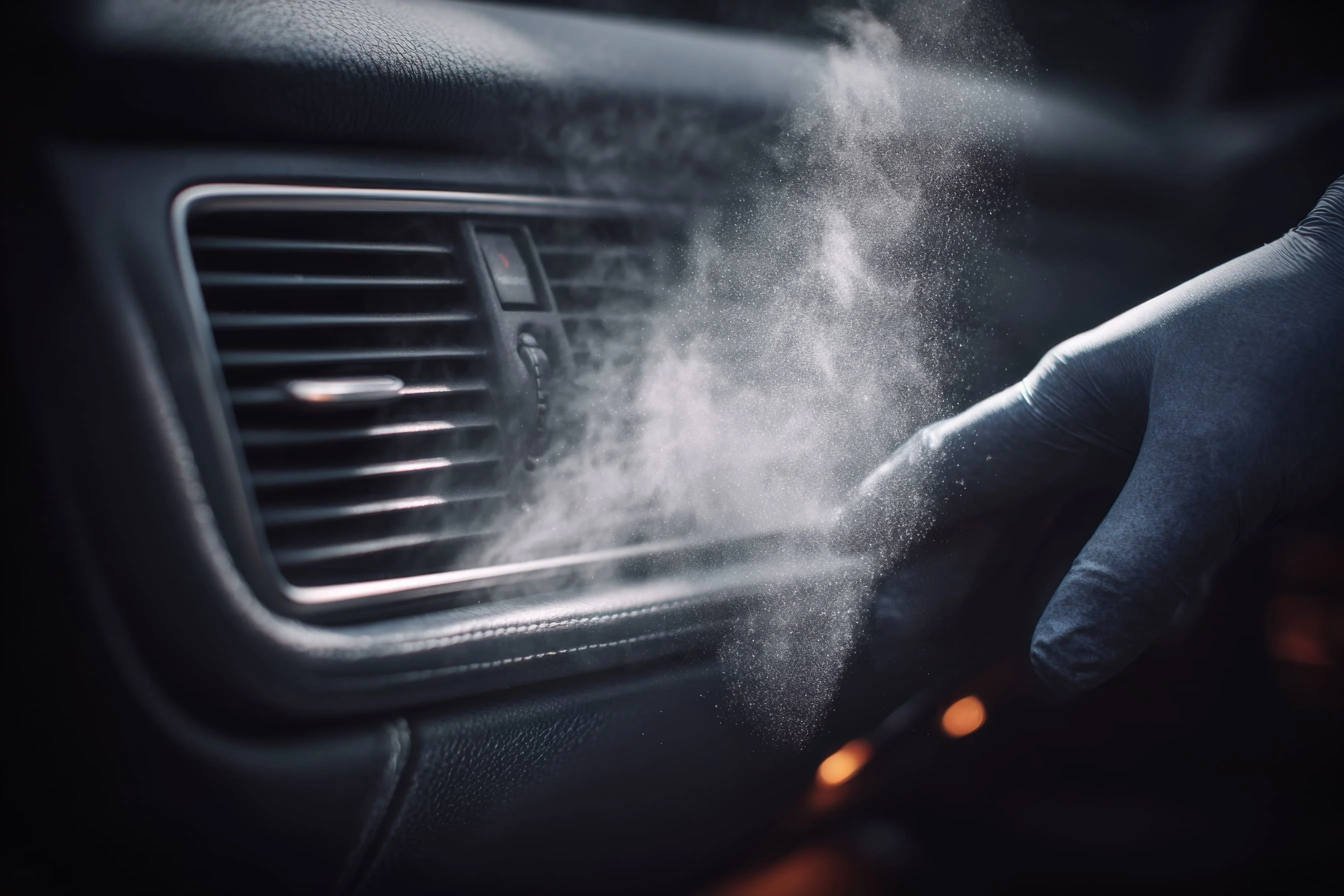 A person wearing gloves is cleaning the car's air vents
