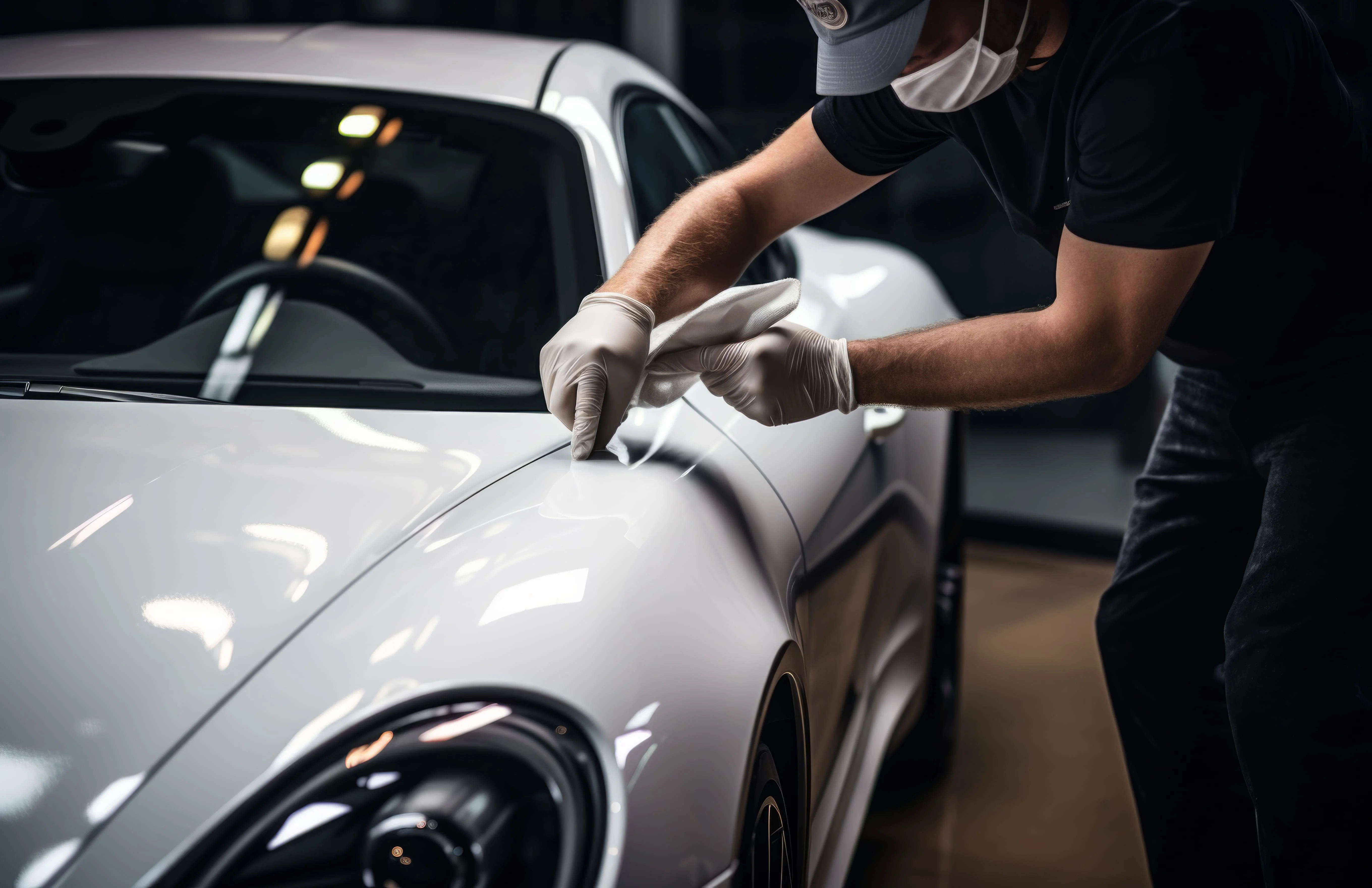 A person wearing gloves and a mask polishes a white car, showcasing professional car detailing