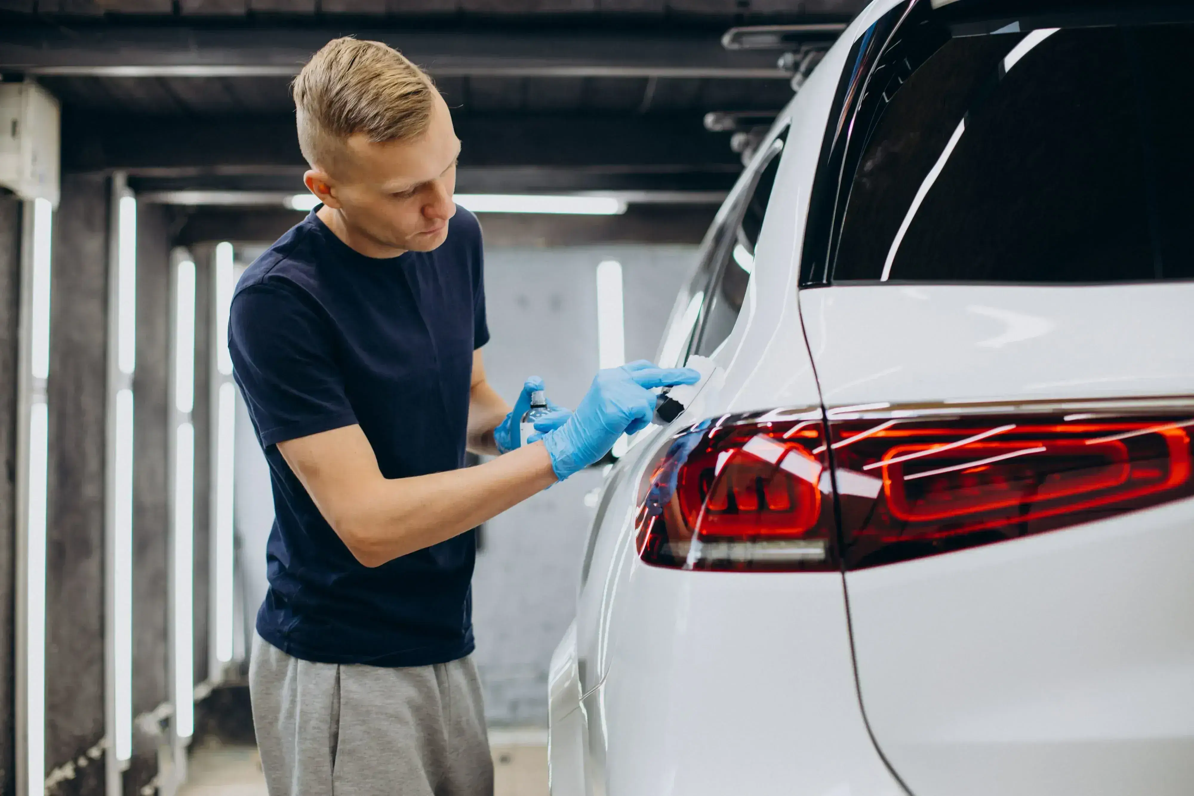 A person wearing gloves applies polish to the rear section of a white car in a garage